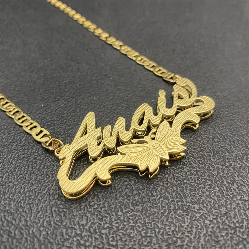 Butterfly Nameplate Double Layer Gold Plated Personalized Custom 3D Name Necklace-silviax