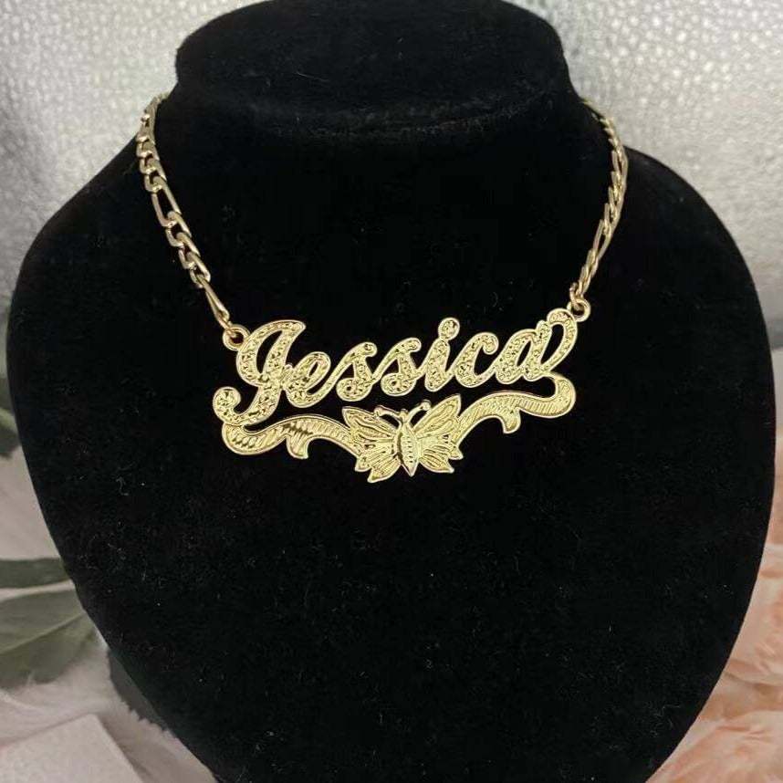 Double Layer Butterfly Nameplate Pendant Personalized Custom Gold Plated Name Necklace-silviax