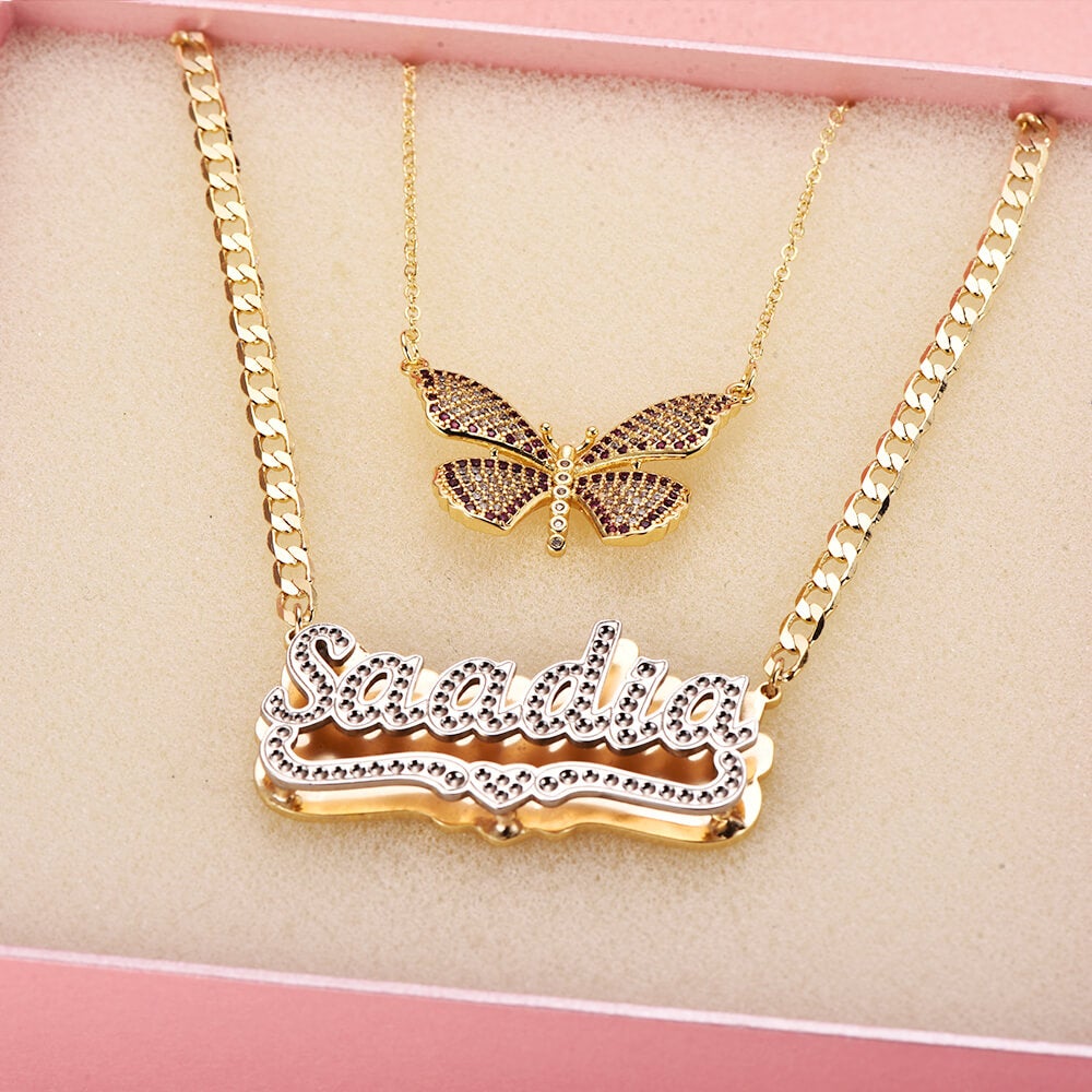 Color Butterfly Pendant Necklace And Double Plate Two Tone with Heart Personalized Custom Name Necklace Gold Plated Set-silviax