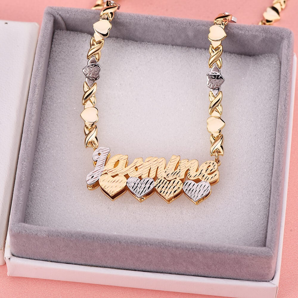 Double Layer Two Tone Four Hearts Nameplate XOXO Chain Personalized Custom Gold Plated Name Necklace-silviax