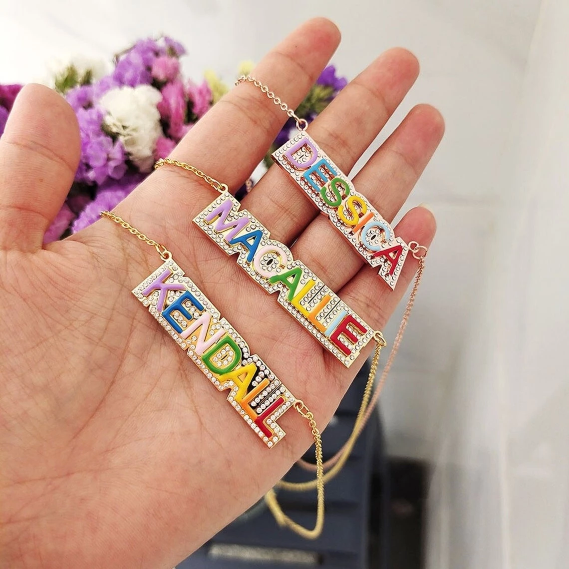 Personalized Gold Plated Colorful Enamel Outline Pave Name Necklace-silviax