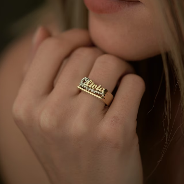 Two Tone Two Hearts Underline Personalized Custom Gold Plated Name Ring-silviax