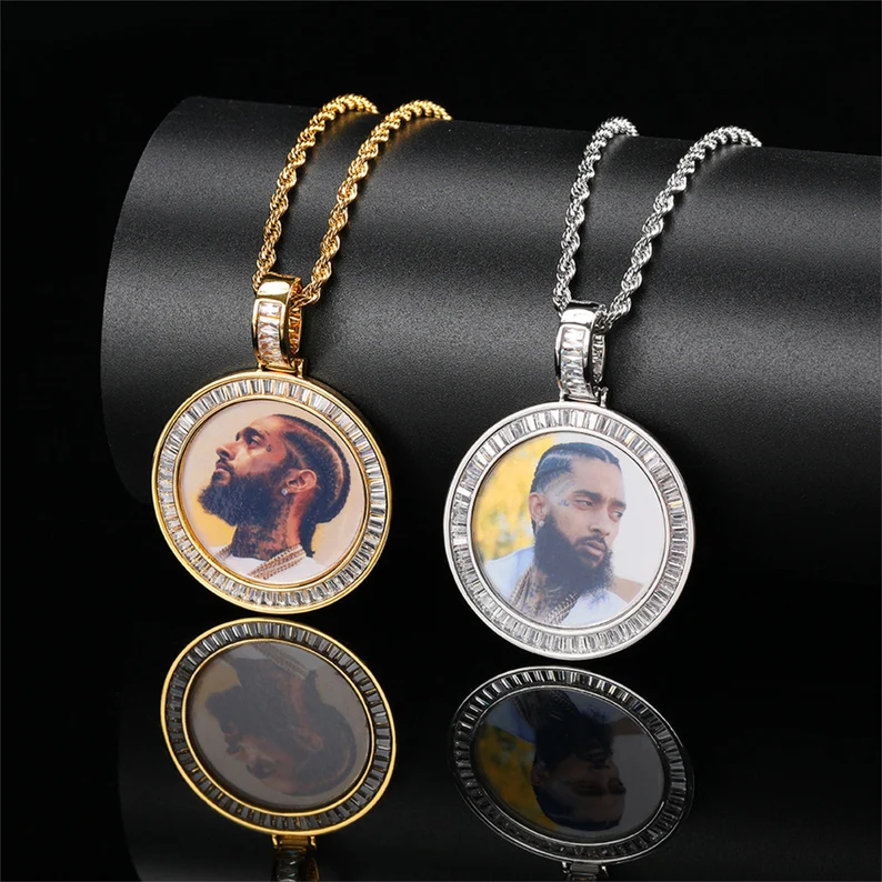 Iced Out Personalized Custom Baguette Zircon Round Photo Necklace-silviax