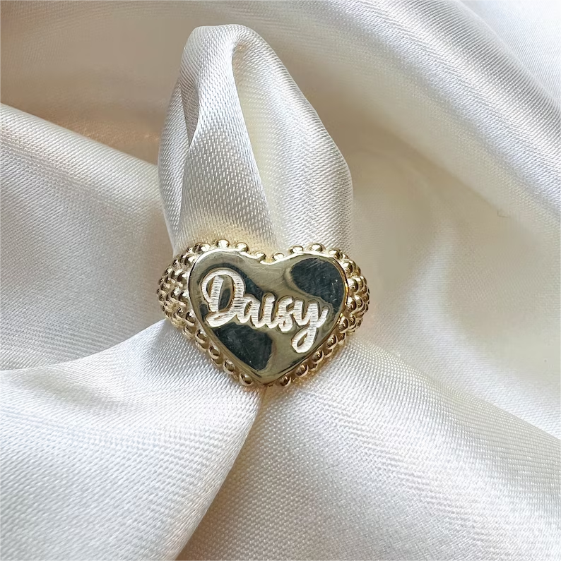 Personalized Gold Plated Heart Signet Engraved Name Ring-silviax