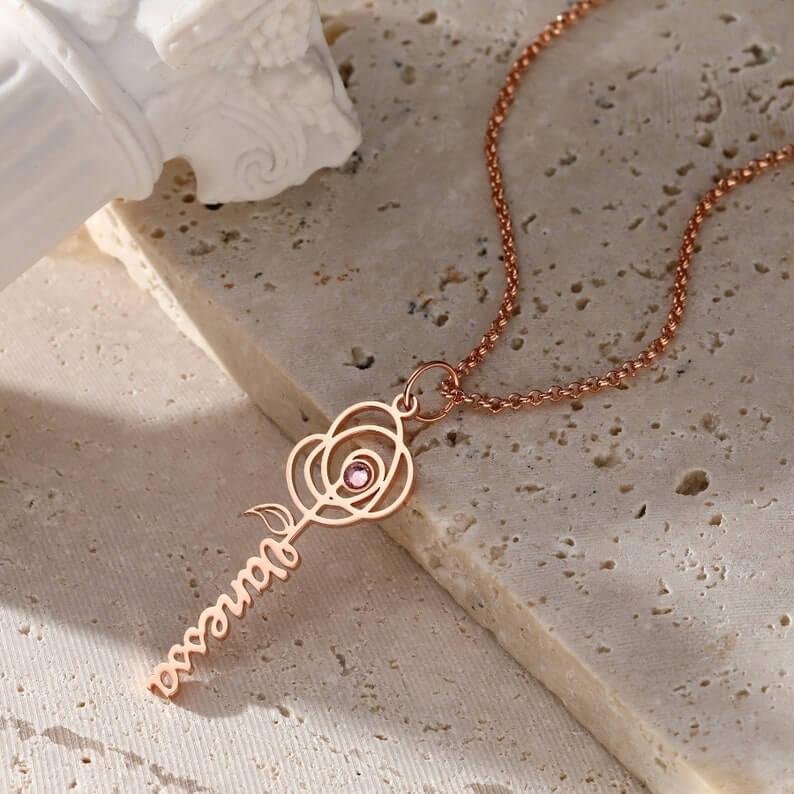Flower Vertical Pendant With Birthstone Personalized Custom Name Necklace Mother Gift-silviax