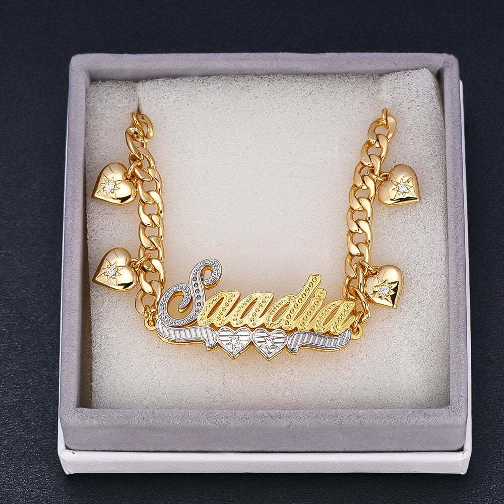 Double Layer Two Tone Two Hearts Nameplate Cuban Chain With Heart Personalized Custom Name Bracelet-silviax