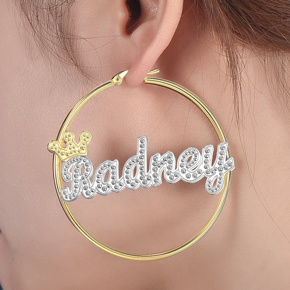 Crown Two Tone Personalized Custom Gold Plated Name Hoop Earrings-silviax