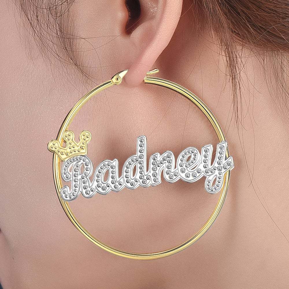 Crown Two Tone Custom Name Bracelet Earrings and Double Plate Necklace Set Gold Plated-silviax