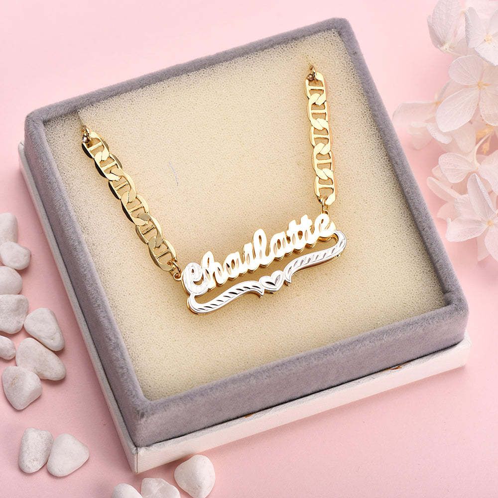 Marine Chain Personalized Double Layer Two Tone Heart Name Necklace-silviax