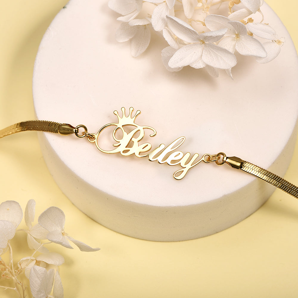 Snake Chain Personalized Custom Gold Plated Crown Name Bracelet-silviax