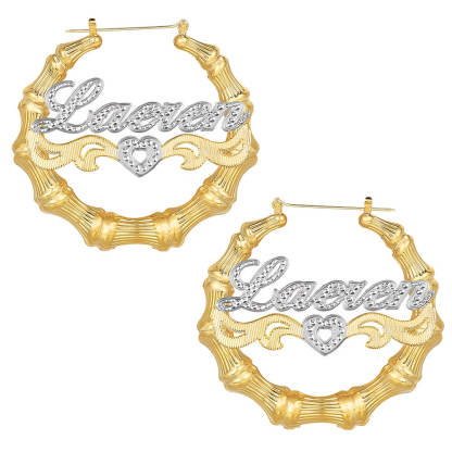 Two Tone Hollow Heart Bamboo Earrings Personalized Custom Gold Plated Name Earrings-silviax