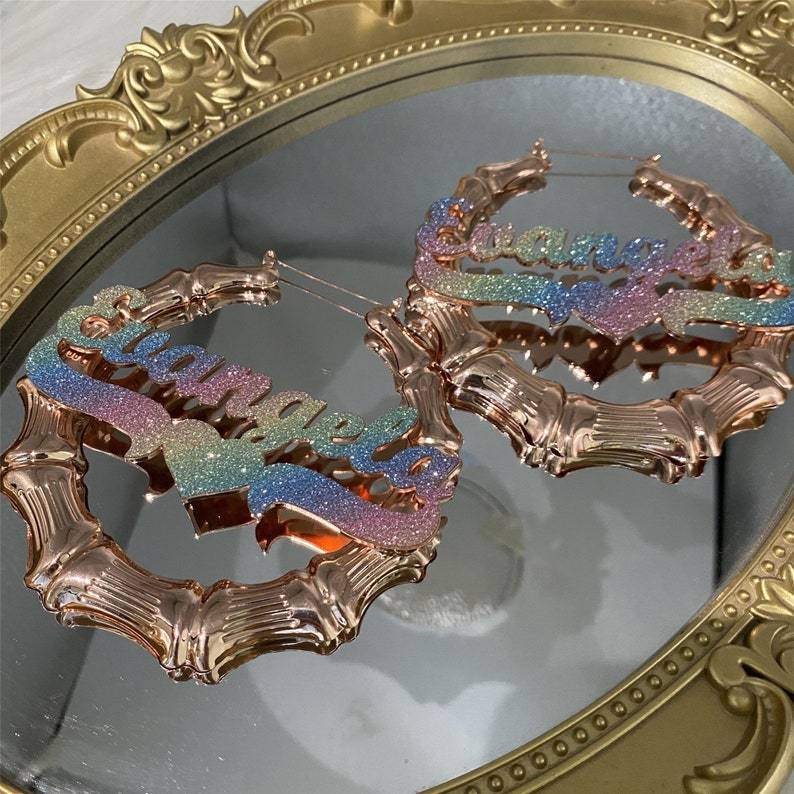 Colorful Nameplate with Heart Personalized Bamboo Name Hoop Earrings-silviax
