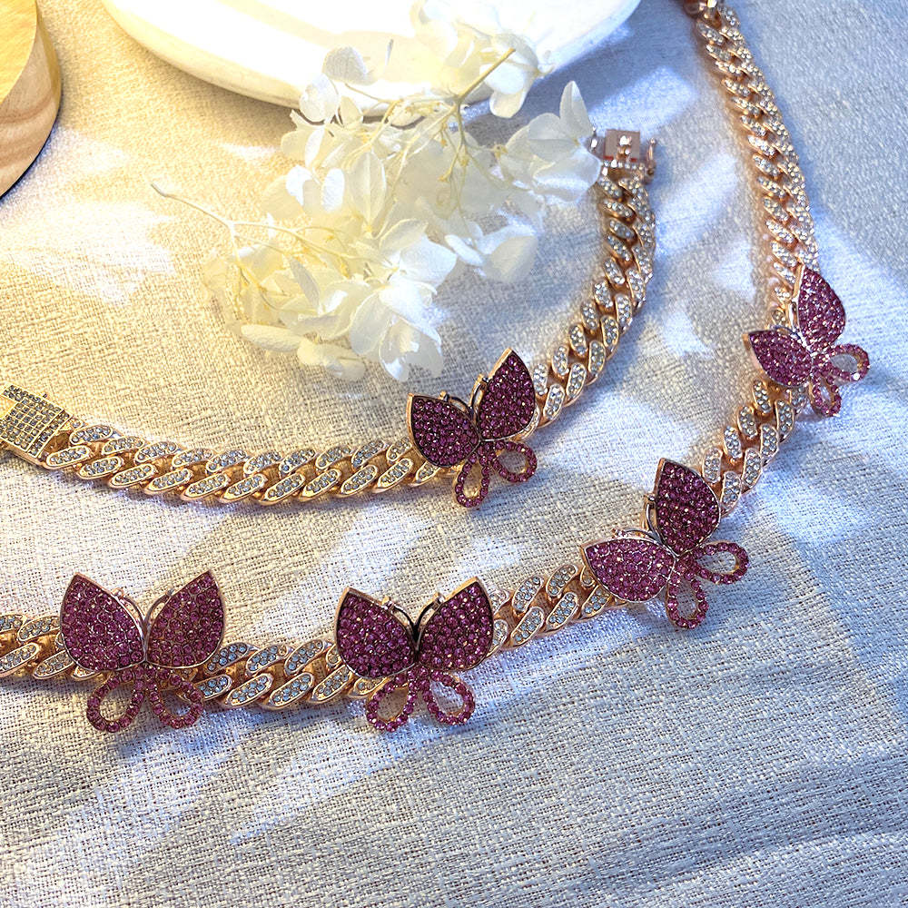 Butterfly Necklace Bracelets Hip Hop Iced Out Cuban Chain Jewelry Set-silviax