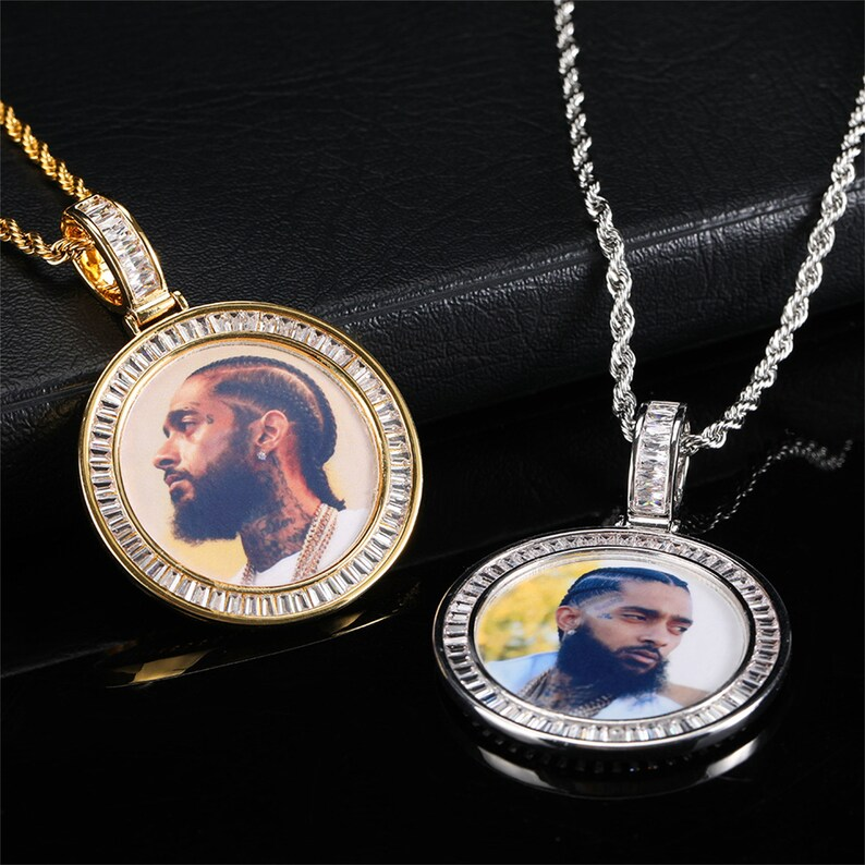 Iced Out Personalized Custom Baguette Zircon Round Photo Necklace-silviax