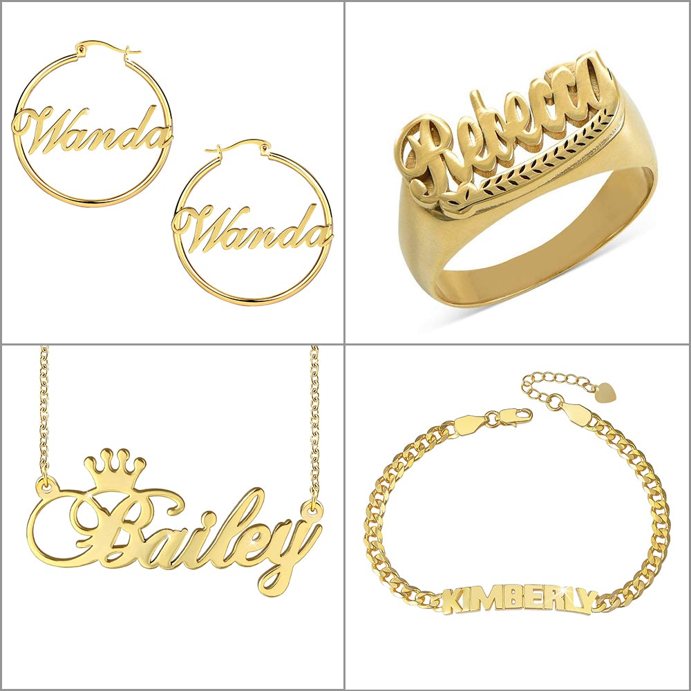 Customized Name Hoop Earrings Wheat Ear Ring Crown Necklace and Capital Letter Bracelet Set-silviax