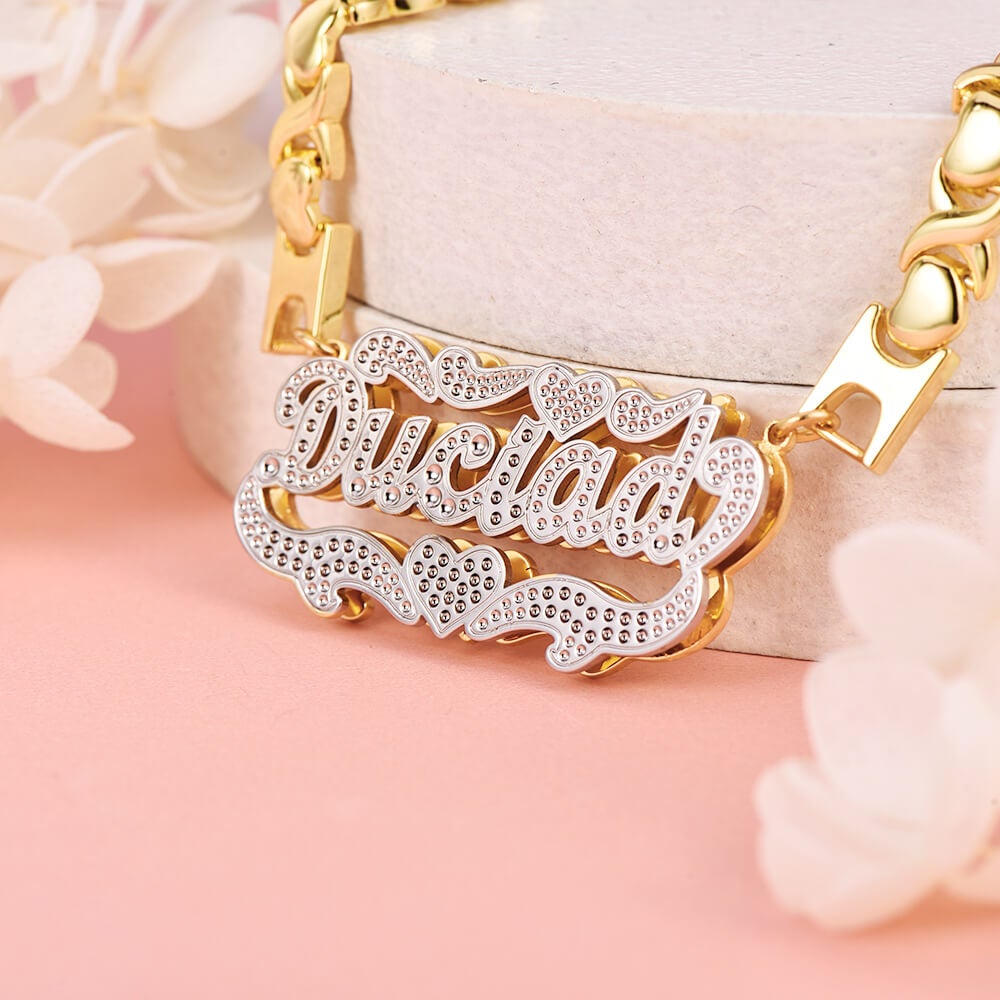 Double Layer Two Tone Nameplate Heart with XOXO Chain Personalized Custom Gold Plated Name Necklace-silviax