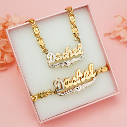 Double Layer Two Tone Heart with XOXO Chain Personalized Custom Necklace And Bracelet Set-silviax