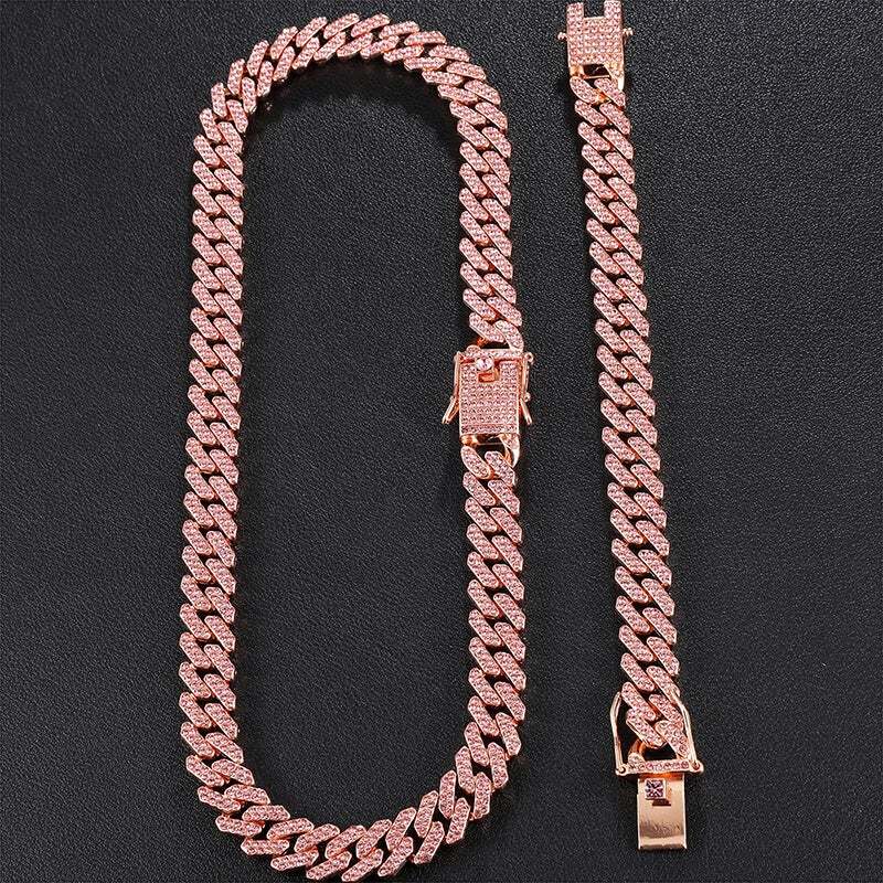 12mm Rose Gold Cuban Chain Necklace and Bracelet Set-silviax