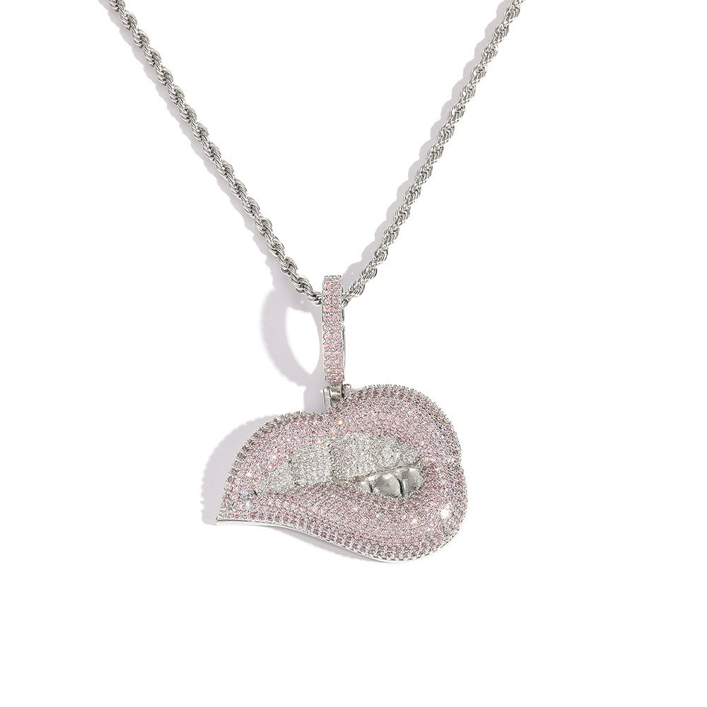 Hip Hop Style Iced Out Zirconia Bling Lip Kiss Pendant Necklace-silviax
