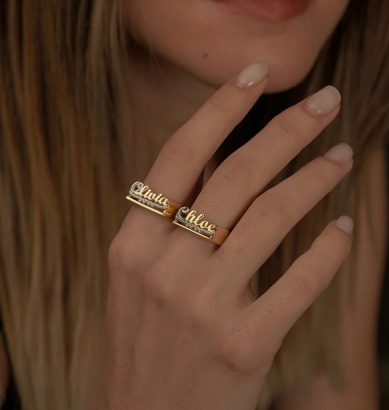 Two Tone Two Hearts Underline Personalized Custom Gold Plated Name Ring-silviax