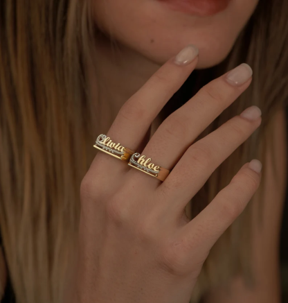 Two Tone Two Hearts Underline Personalized Custom Gold Plated Name Ring-silviax