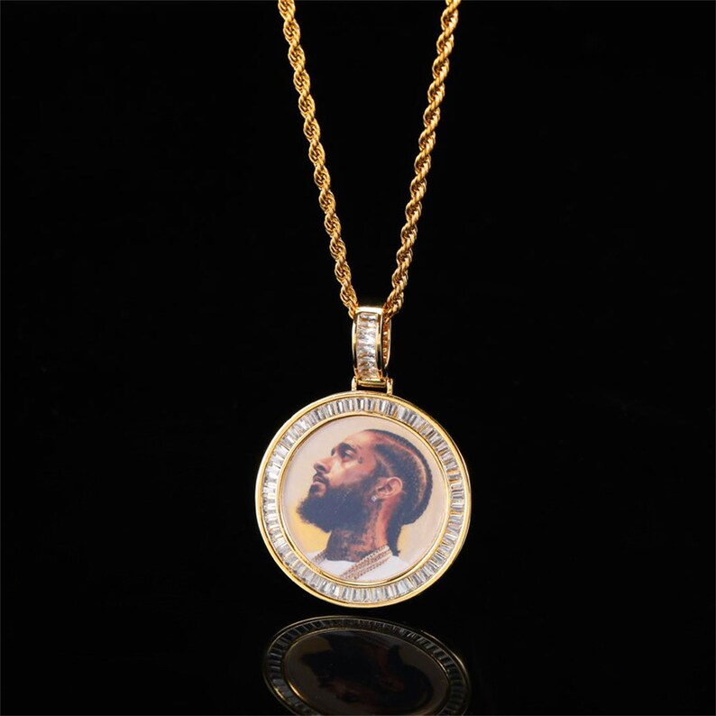 Iced Out Personalized Custom Baguette Zircon Round Photo Necklace