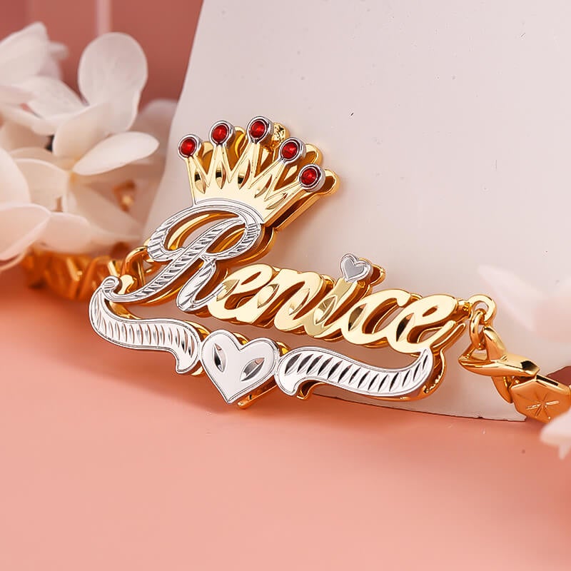 Double Layer Two Tone Ruby Crown and Heart with XOXO Chain Personalized Custom Gold Plated Name Bracelet-silviax