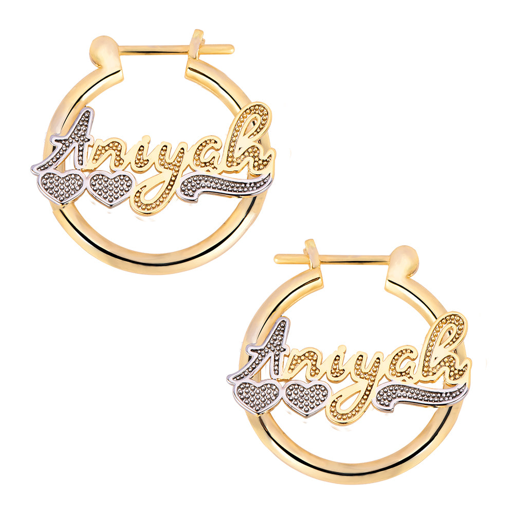 Gold Plated Hoop Personalized Name Earrings With Two Heart-silviax