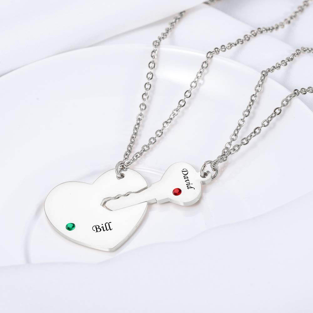 Heart And Key Puzzle Pendant With Birthstone Personalized Custom Couples Necklaces Valentine's Day Gifts for Boyfriend Girlfriend-silviax