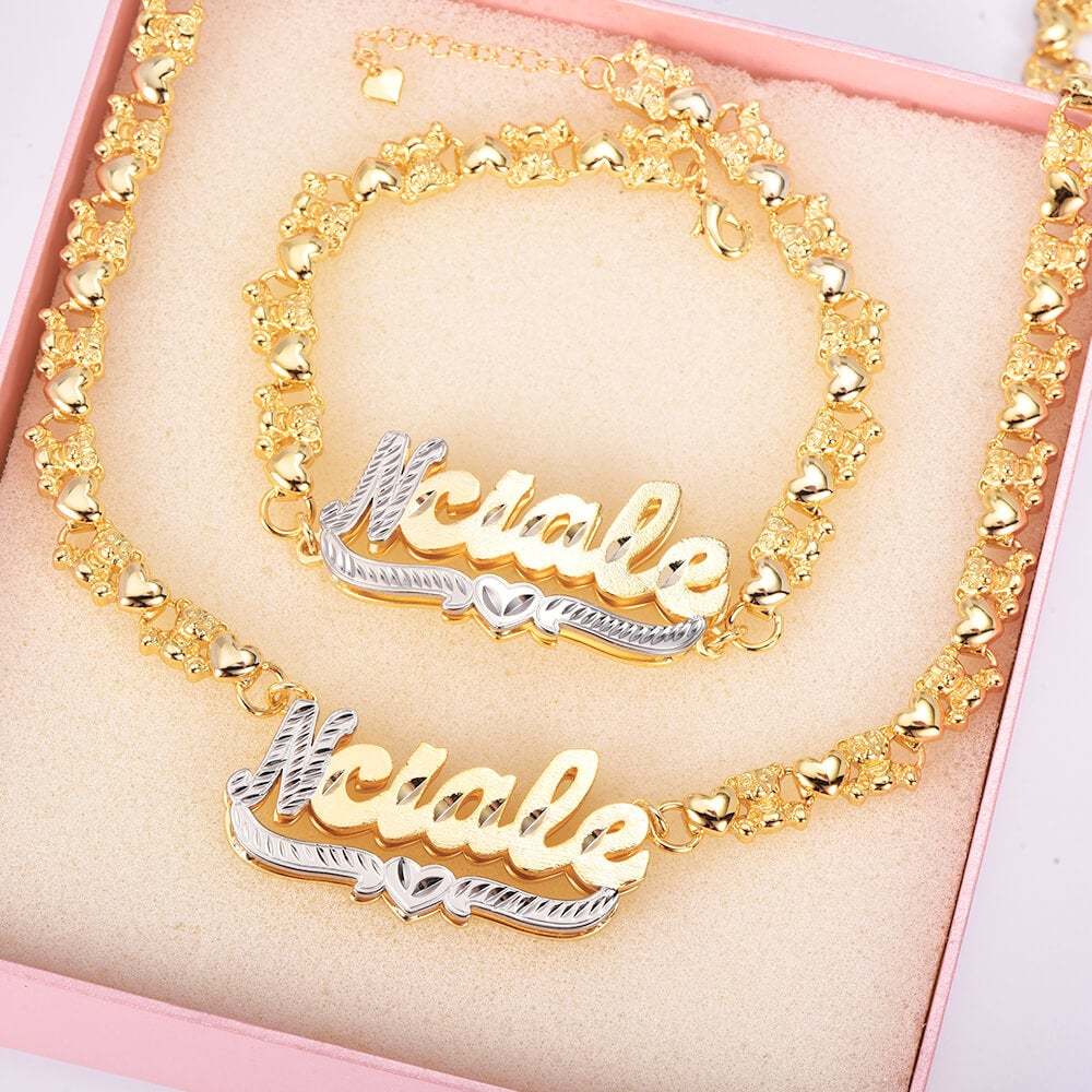 Double Layer Two Tone Teddy Bear XOXO Chain with Heart Personalized Custom Gold Plated Name Necklace and Bracelet Set-silviax
