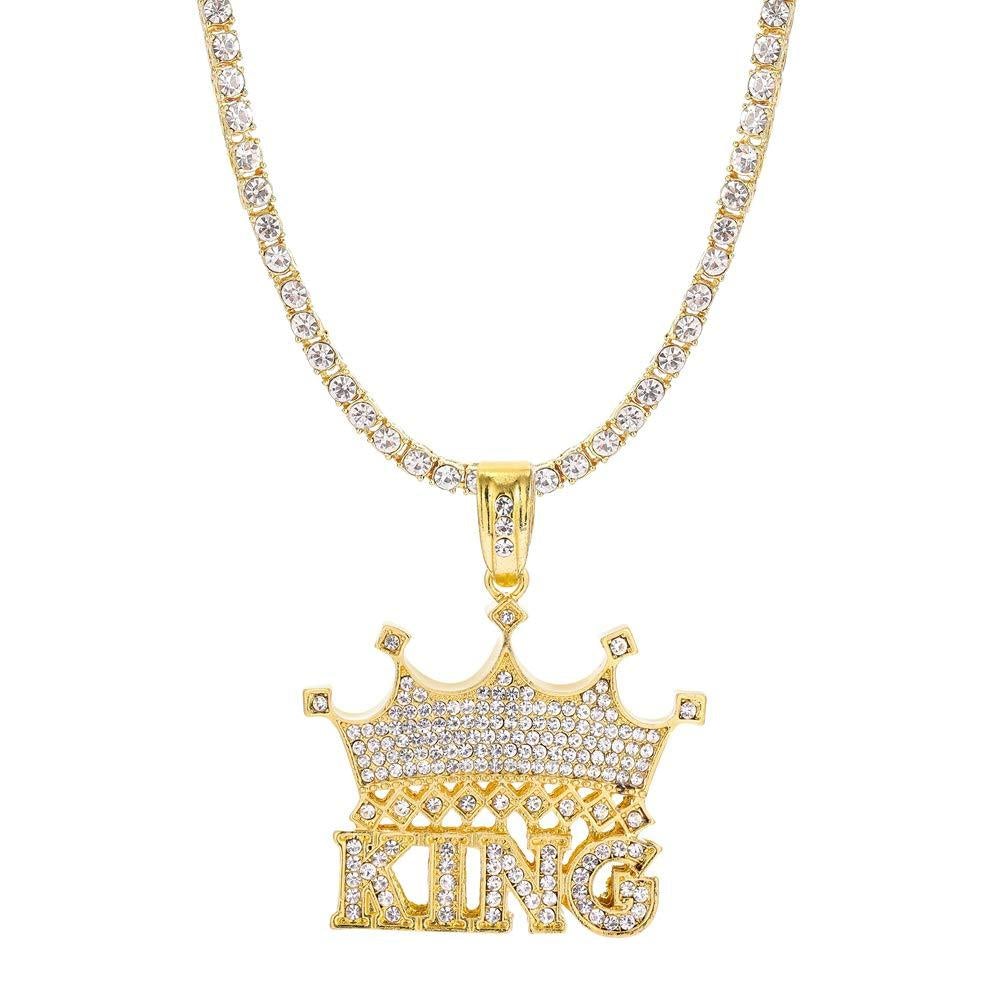 King Crown Pendant Neckalce Hip Hop Style Gold Plated Tennis Chain-silviax