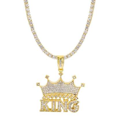 King Crown Pendant Neckalce Hip Hop Style Gold Plated Tennis Chain-silviax