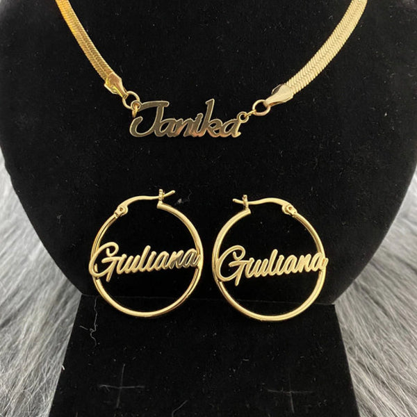 Personalized Herringbone Name Necklace Earrings Custom Carrie Name Jewelry Set-silviax