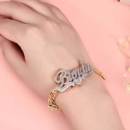 Double Layer Two Tone Heart Nameplate Cuban Chain With Heart Personalized Custom Gold Plated Name Necklace And Bracelet Set-silviax
