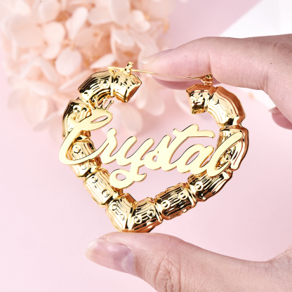 Heart Bamboo Hoop Crown Nameplated Personalized Custom Gold Plated Name Earrings-silviax