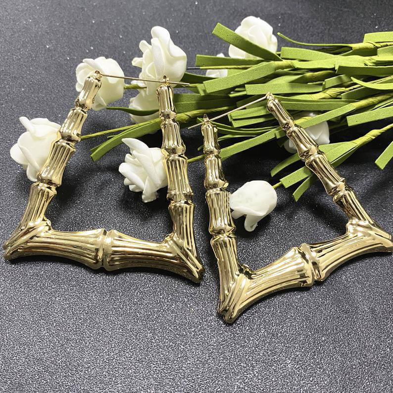 Trapezoid Bamboo Hoop Gold Plated Earrings-silviax