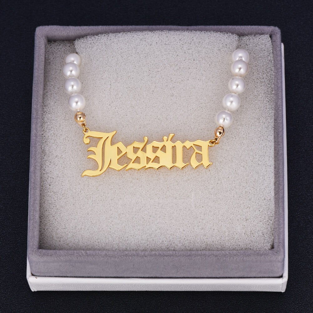 Old English Font with Pearl Chain Personalized Custom Gold Plated Name Necklace-silviax