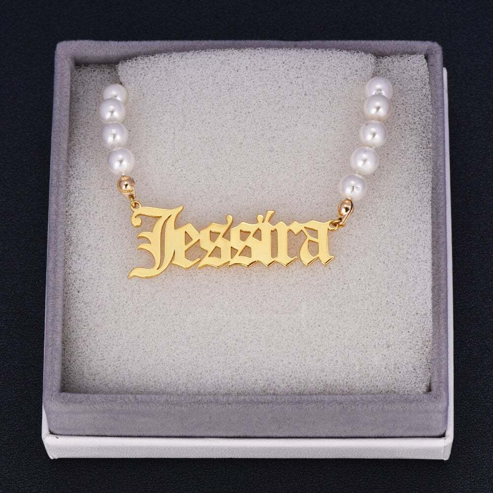 Old English Font with Pearl Chain Personalized Custom Gold Plated Name Necklace-silviax