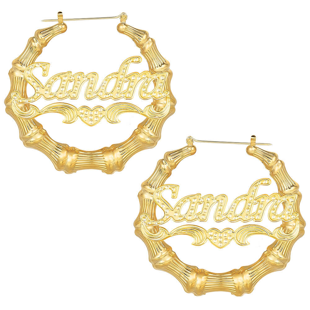 Bamboo Hoop Nameplate Love Heart Personalized Custom Bamboo Earrings Gold Plated Jewelry Gift for her-silviax