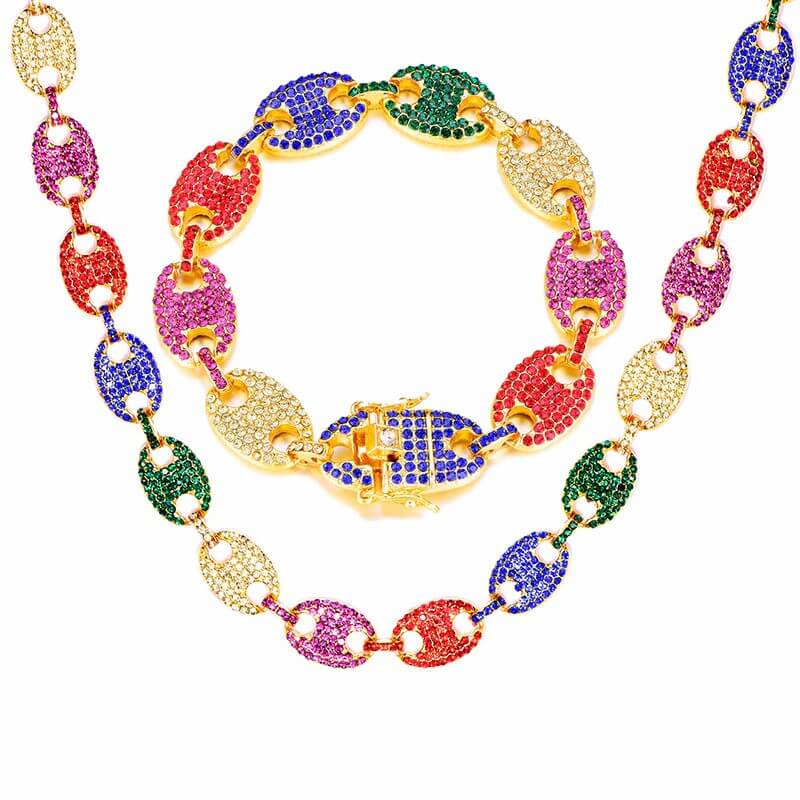 13mm Multi-Colors Pig Nose Link Chain Gold Plated Necklace and Bracelet Set-silviax