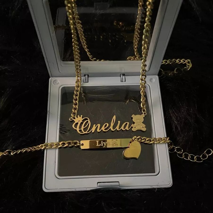 Personalized Custom Crown and Teddy Nameplate Necklace and Heart Pendant Engraved Bar Name Bracelet Set Children Jewelry Set
