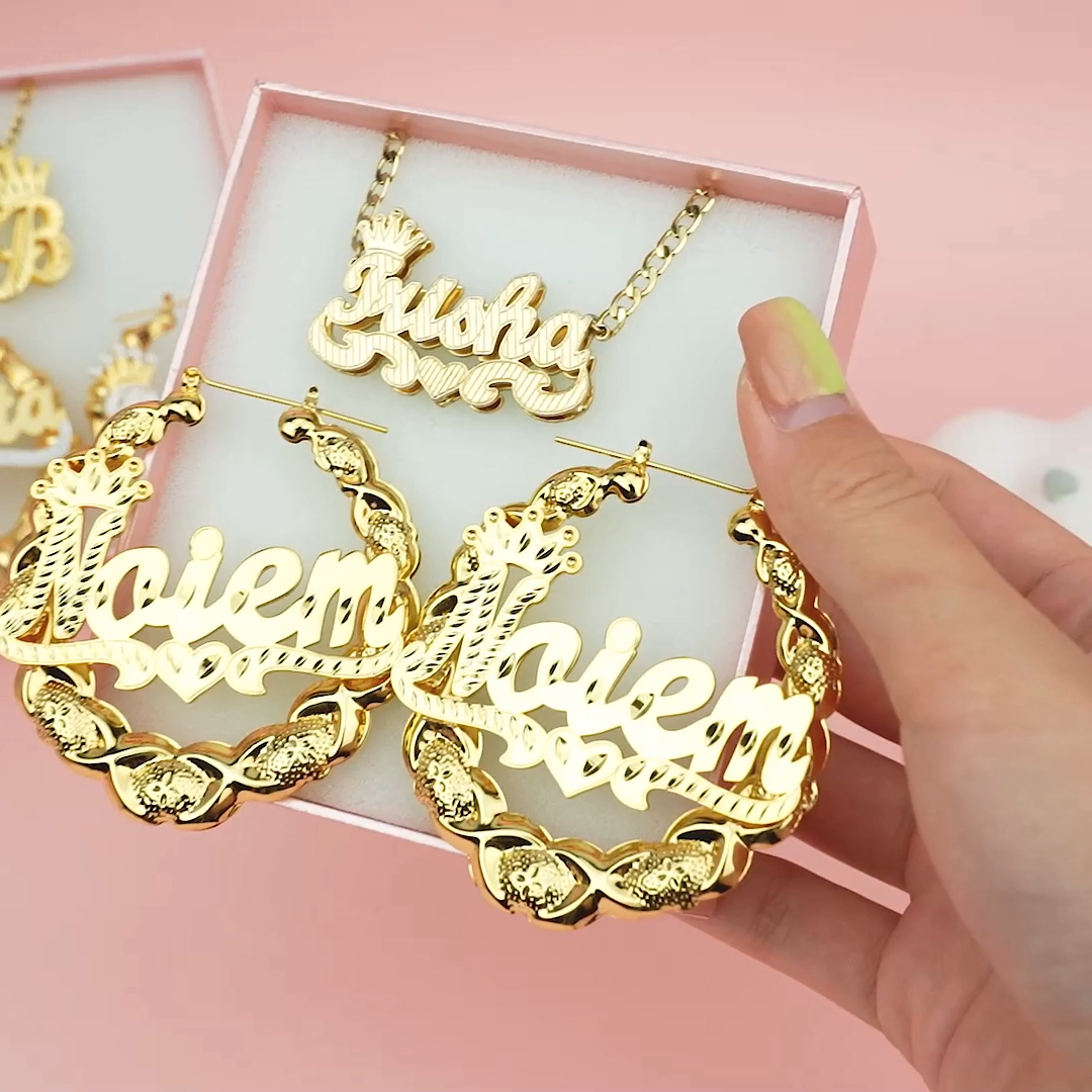 Crown Heart Double Layer Name Necklace And XOXO Name Earrings Personalized Custom Set-silviax