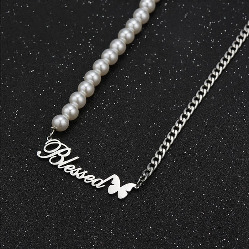Butterfly Nameplate Pendant with Cuban Chain And Pearl Chain Personalized Custom White Gold Name Necklace-silviax