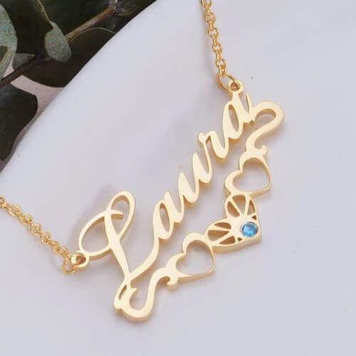 Three Hollow Heart with Birthstone Gold Plated Personalized Custom Name Necklace Mother Gift-silviax
