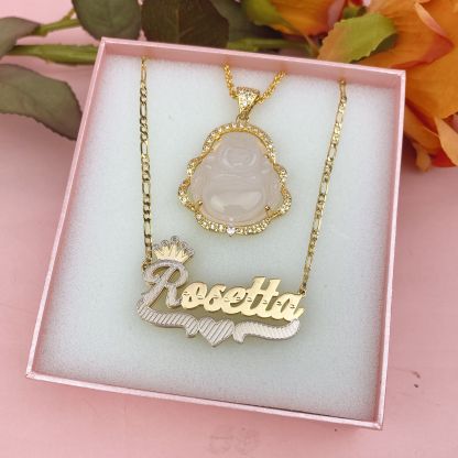 Personalized Jewelry Set Smile Maitreya Buddha Pendant and Crown Heart Name Necklace-silviax