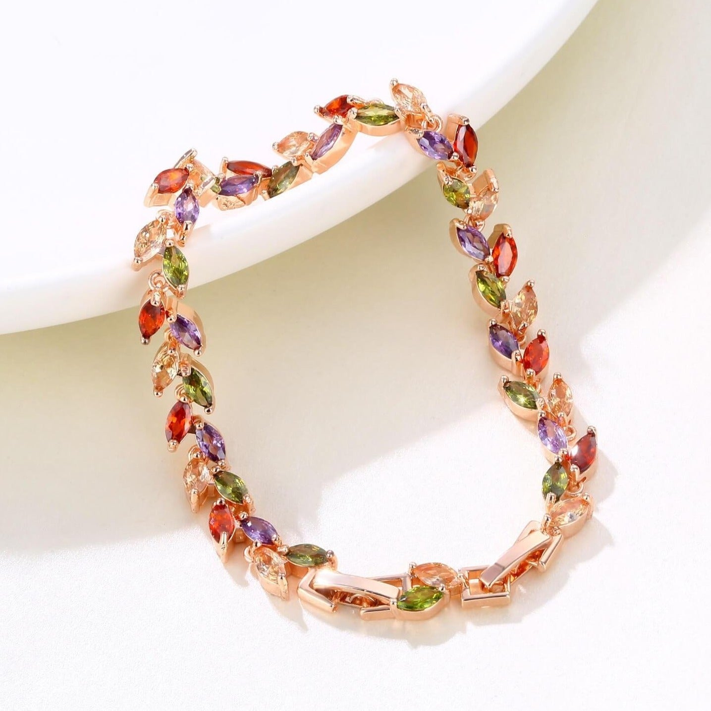 Colorful Crystal Willow Leaf Rose Gold Bracelet-silviax