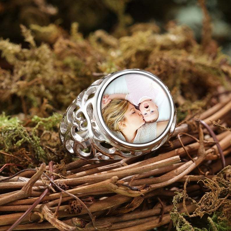 Round Photo Engraved Name Personalized Custom Gold Plated Photo Ring-silviax