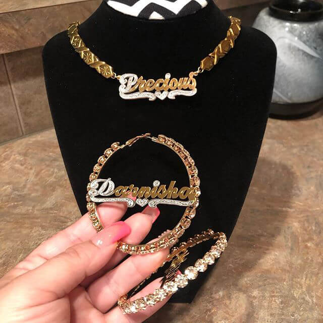 Double Layer Two Tone XOXO Chain Name Necklace And Two Tone Inlaid Zircon Hoop Name Earrings with Heart Set-silviax