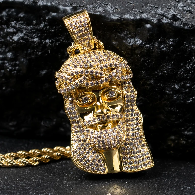 Rope Chain Iced Out Gold Plated Jesus Piece Hip Hop Pendant