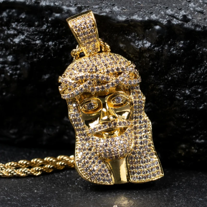 Rope Chain Iced Out Gold Plated Jesus Piece Hip Hop Pendant Necklace-silviax